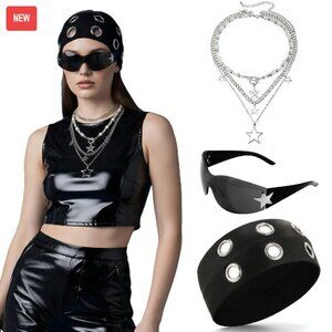 Y2K Punk Accessory Set with Headband Sunglasses Necklaces